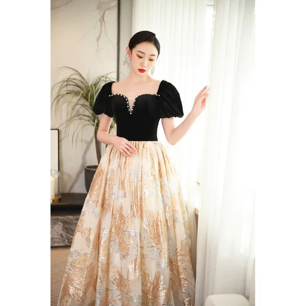 Chic / Beautiful Black Prom Dresses 2023 A-Line / Princess Pearl Square Neckline Short Sleeve Backless Floor-Length / Long Prom Formal Dresses