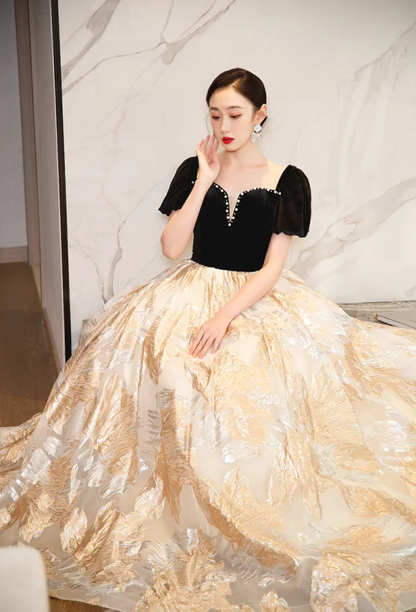 Chic / Beautiful Black Prom Dresses 2023 A-Line / Princess Pearl Square Neckline Short Sleeve Backless Floor-Length / Long Prom Formal Dresses
