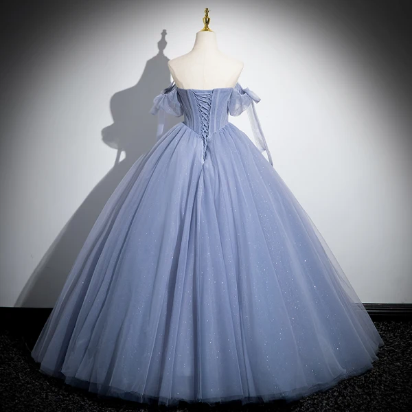 Elegante Himmelblau Perlenstickerei Pailletten Ballkleider 2024 Ballkleid Off Shoulder Kurze Ärmel Rückenfreies Lange Festliche Kleider