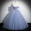 Elegante Himmelblau Perlenstickerei Pailletten Ballkleider 2024 Ballkleid Off Shoulder Kurze Ärmel Rückenfreies Lange Festliche Kleider