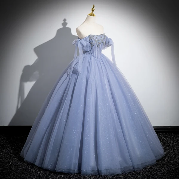 Elegante Himmelblau Perlenstickerei Pailletten Ballkleider 2024 Ballkleid Off Shoulder Kurze Ärmel Rückenfreies Lange Festliche Kleider