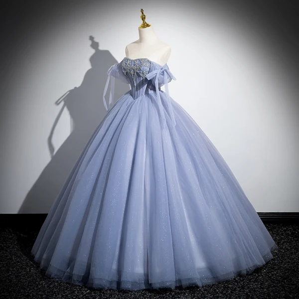 Elegante Himmelblau Perlenstickerei Pailletten Ballkleider 2024 Ballkleid Off Shoulder Kurze Ärmel Rückenfreies Lange Festliche Kleider