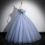 Elegante Himmelblau Perlenstickerei Pailletten Ballkleider 2024 Ballkleid Off Shoulder Kurze Ärmel Rückenfreies Lange Festliche Kleider