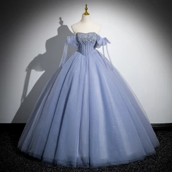 Elegant Sky Blue Beading Sequins Prom Dresses 2024 Ball Gown Off The Shoulder Short Sleeve Backless Floor Length Long Formal Dresses