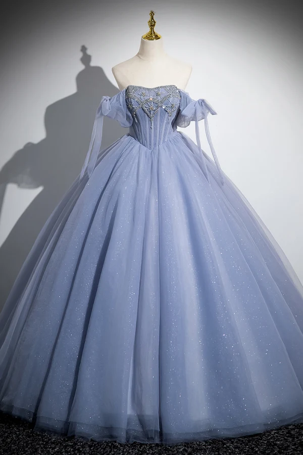 Elegante Himmelblau Perlenstickerei Pailletten Ballkleider 2024 Ballkleid Off Shoulder Kurze Ärmel Rückenfreies Lange Festliche Kleider