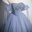 Elegante Himmelblau Perlenstickerei Pailletten Ballkleider 2024 Ballkleid Off Shoulder Kurze Ärmel Rückenfreies Lange Festliche Kleider