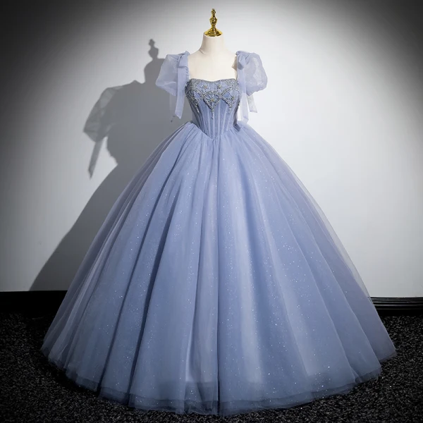 Elegante Himmelblau Perlenstickerei Pailletten Ballkleider 2024 Ballkleid Off Shoulder Kurze Ärmel Rückenfreies Lange Festliche Kleider