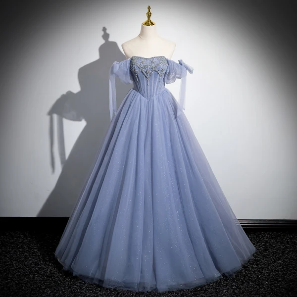 Elegante Himmelblau Perlenstickerei Pailletten Ballkleider 2024 Ballkleid Off Shoulder Kurze Ärmel Rückenfreies Lange Festliche Kleider