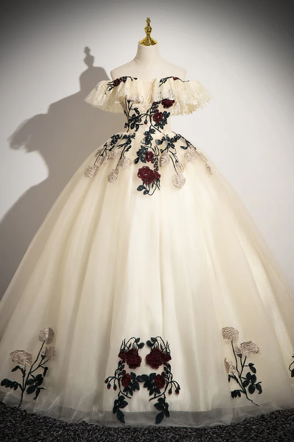 Elegant Champagne Lace Flower Prom Dresses 2024 Ball Gown Off-The-Shoulder Short Sleeve Backless Floor-Length / Long Formal Dresses