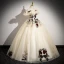 Elegant Champagne Lace Flower Prom Dresses 2024 Ball Gown Off-The-Shoulder Short Sleeve Backless Floor-Length / Long Formal Dresses