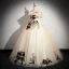 Elegant Champagne Lace Flower Prom Dresses 2024 Ball Gown Off-The-Shoulder Short Sleeve Backless Floor-Length / Long Formal Dresses