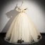 Elegant Champagne Lace Flower Prom Dresses 2024 Ball Gown Off-The-Shoulder Short Sleeve Backless Floor-Length / Long Formal Dresses