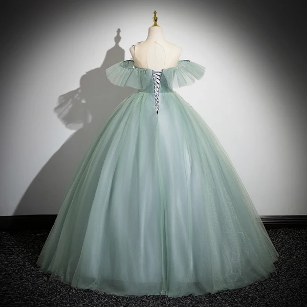 Elegant Sage Green Appliques Lace Flower Pearl Prom Dresses 2024 Ball Gown Scoop Neck Sleeveless Backless Floor-Length / Long Formal Dresses
