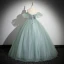Elegant Sage Green Appliques Lace Flower Pearl Prom Dresses 2024 Ball Gown Scoop Neck Sleeveless Backless Floor-Length / Long Formal Dresses