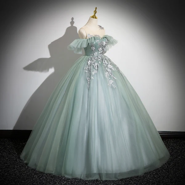 Elegant Sage Green Appliques Lace Flower Pearl Prom Dresses 2024 Ball Gown Scoop Neck Sleeveless Backless Floor-Length / Long Formal Dresses