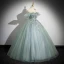 Elegant Sage Green Appliques Lace Flower Pearl Prom Dresses 2024 Ball Gown Scoop Neck Sleeveless Backless Floor-Length / Long Formal Dresses