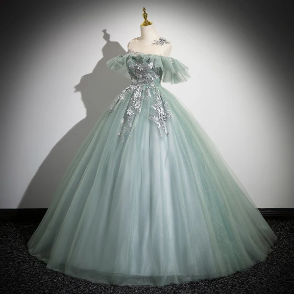Elegant Sage Green Appliques Lace Flower Pearl Prom Dresses 2024 Ball Gown Scoop Neck Sleeveless Backless Floor-Length / Long Formal Dresses