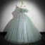 Elegant Sage Green Appliques Lace Flower Pearl Prom Dresses 2024 Ball Gown Scoop Neck Sleeveless Backless Floor-Length / Long Formal Dresses