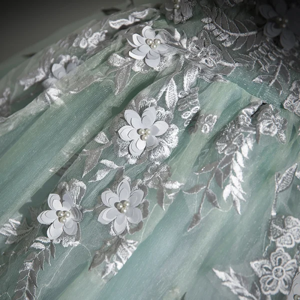 Elegant Sage Green Appliques Lace Flower Pearl Prom Dresses 2024 Ball Gown Scoop Neck Sleeveless Backless Floor-Length / Long Formal Dresses