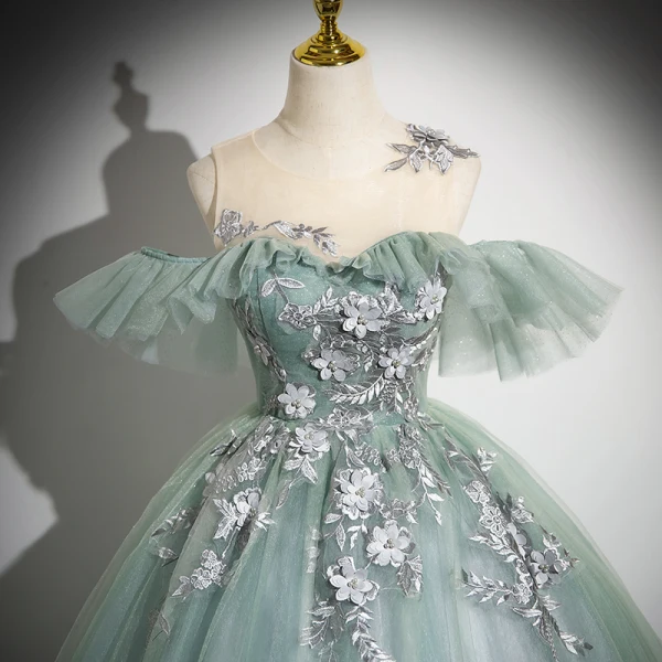 Elegant Sage Green Appliques Lace Flower Pearl Prom Dresses 2024 Ball Gown Scoop Neck Sleeveless Backless Floor-Length / Long Formal Dresses