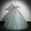 Elegant Sage Green Appliques Lace Flower Pearl Prom Dresses 2024 Ball Gown Scoop Neck Sleeveless Backless Floor-Length / Long Formal Dresses