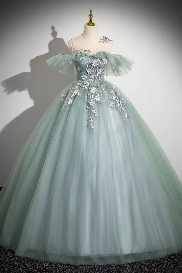 Elegant Sage Green Appliques Lace Flower Pearl Prom Dresses 2024 Ball Gown Scoop Neck Sleeveless Backless Floor-Length / Long Formal Dresses
