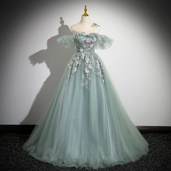 Elegant Sage Green Appliques Lace Flower Pearl Prom Dresses 2024 Ball Gown Scoop Neck Sleeveless Backless Floor-Length / Long Formal Dresses