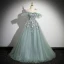 Elegant Sage Green Appliques Lace Flower Pearl Prom Dresses 2024 Ball Gown Scoop Neck Sleeveless Backless Floor-Length / Long Formal Dresses