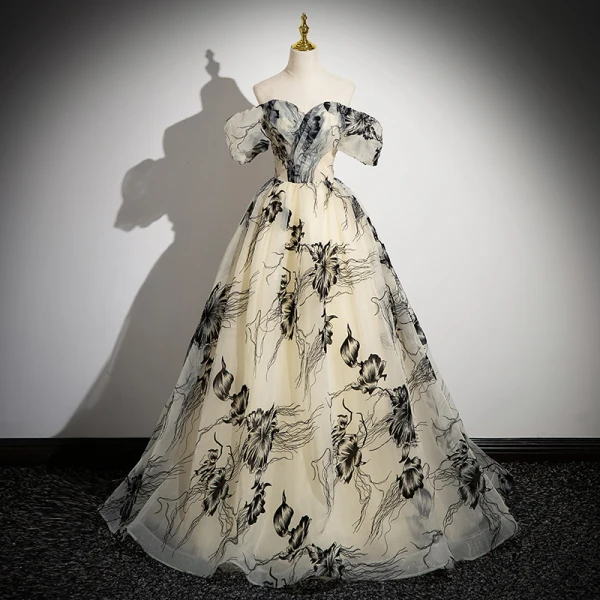Fashion Champagne Printing Prom Dresses 2024 Ball Gown Off-The-Shoulder Short Sleeve Backless Floor-Length / Long Formal Dresses