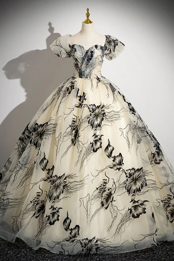 Fashion Champagne Printing Prom Dresses 2024 Ball Gown Off-The-Shoulder Short Sleeve Backless Floor-Length / Long Formal Dresses