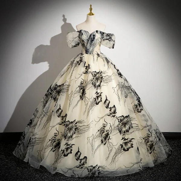 Fashion Champagne Printing Prom Dresses 2024 Ball Gown Off-The-Shoulder Short Sleeve Backless Floor-Length / Long Formal Dresses