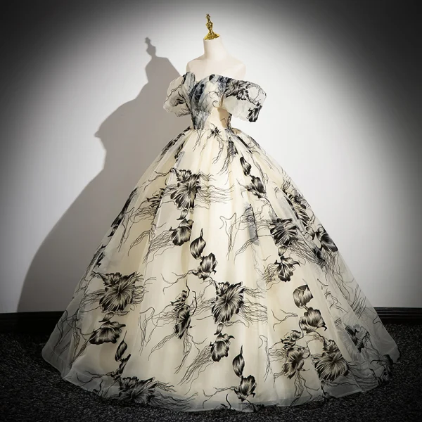 Fashion Champagne Printing Prom Dresses 2024 Ball Gown Off-The-Shoulder Short Sleeve Backless Floor-Length / Long Formal Dresses