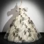 Fashion Champagne Printing Prom Dresses 2024 Ball Gown Off-The-Shoulder Short Sleeve Backless Floor-Length / Long Formal Dresses