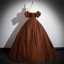 Classy Coffee Satin Prom Dresses 2024 A-Line / Princess Off-The-Shoulder Puffy Short Sleeve Backless Floor-Length / Long Formal Dresses