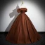 Classy Coffee Satin Prom Dresses 2024 A-Line / Princess Off-The-Shoulder Puffy Short Sleeve Backless Floor-Length / Long Formal Dresses