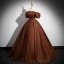 Classy Coffee Satin Prom Dresses 2024 A-Line / Princess Off-The-Shoulder Puffy Short Sleeve Backless Floor-Length / Long Formal Dresses