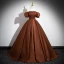 Classy Coffee Satin Prom Dresses 2024 A-Line / Princess Off-The-Shoulder Puffy Short Sleeve Backless Floor-Length / Long Formal Dresses