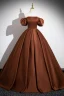 Classy Coffee Satin Prom Dresses 2024 A-Line / Princess Off-The-Shoulder Puffy Short Sleeve Backless Floor-Length / Long Formal Dresses