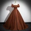 Classy Coffee Satin Prom Dresses 2024 A-Line / Princess Off-The-Shoulder Puffy Short Sleeve Backless Floor-Length / Long Formal Dresses