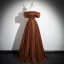Classy Coffee Satin Prom Dresses 2024 A-Line / Princess Off-The-Shoulder Puffy Short Sleeve Backless Floor-Length / Long Formal Dresses