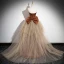 Fashion Coffee Satin Prom Dresses 2024 Trumpet / Mermaid Strapless Sleeveless Backless Bow Sweep Train Prom Formal Dresses