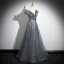 Chic / Beautiful Grey Beading Glitter Sequins Prom Dresses 2024 A-Line / Princess V-Neck Sleeveless Backless Floor-Length / Long Formal Dresses