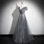 Chic / Beautiful Grey Beading Glitter Sequins Prom Dresses 2024 A-Line / Princess V-Neck Sleeveless Backless Floor-Length / Long Formal Dresses