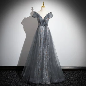 Chic Beautiful Grey Beading Glitter Sequins Prom Dresses 2024 A Line Princess V Neck Sleeveless Backless Floor Length Long Formal Dresses