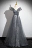 Chic / Beautiful Grey Beading Glitter Sequins Prom Dresses 2024 A-Line / Princess V-Neck Sleeveless Backless Floor-Length / Long Formal Dresses