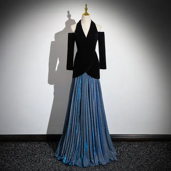 Modest  Black Glitter Prom Dresses 2024 A-Line / Princess Halter 3/4 Sleeve Backless Floor-Length / Long Formal Dresses