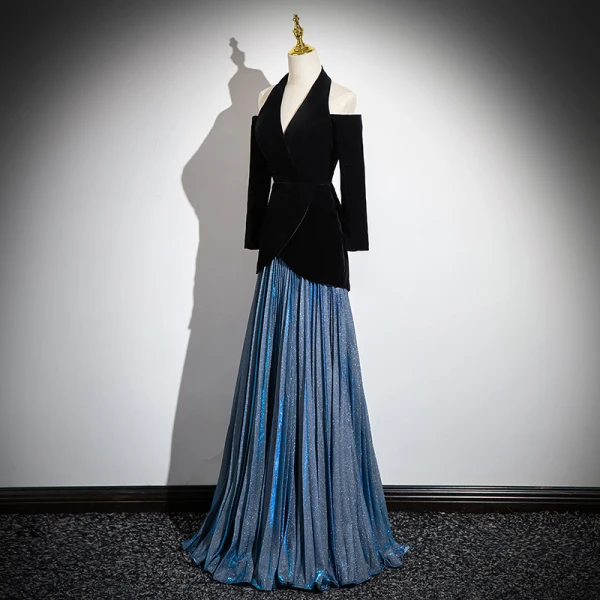 Modest  Black Glitter Prom Dresses 2024 A-Line / Princess Halter 3/4 Sleeve Backless Floor-Length / Long Formal Dresses