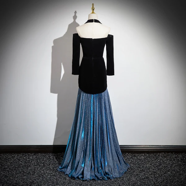 Modest  Black Glitter Prom Dresses 2024 A-Line / Princess Halter 3/4 Sleeve Backless Floor-Length / Long Formal Dresses
