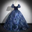 Vintage / Retro Navy Blue Rhinestone Printing Satin Prom Dresses 2024 Ball Gown Square Neckline Puffy Short Sleeve Backless Floor-Length / Long Formal Dresses