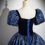 Vintage / Retro Navy Blue Rhinestone Printing Satin Prom Dresses 2024 Ball Gown Square Neckline Puffy Short Sleeve Backless Floor-Length / Long Formal Dresses